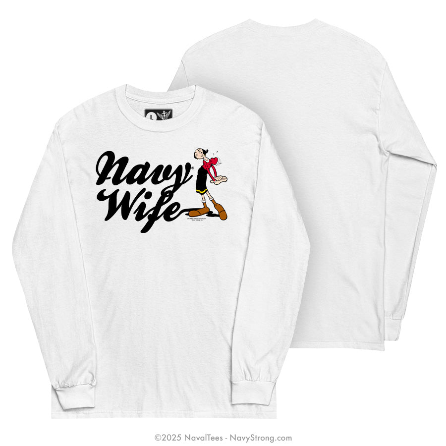 "Olive Oyl - Navy Wife" Long Sleeve Tee | White